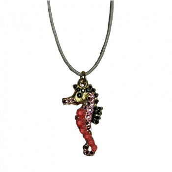 Ekaterini necklace, seahorse, pink-coral Swarovski crystals brown cord and with gold accentss, side